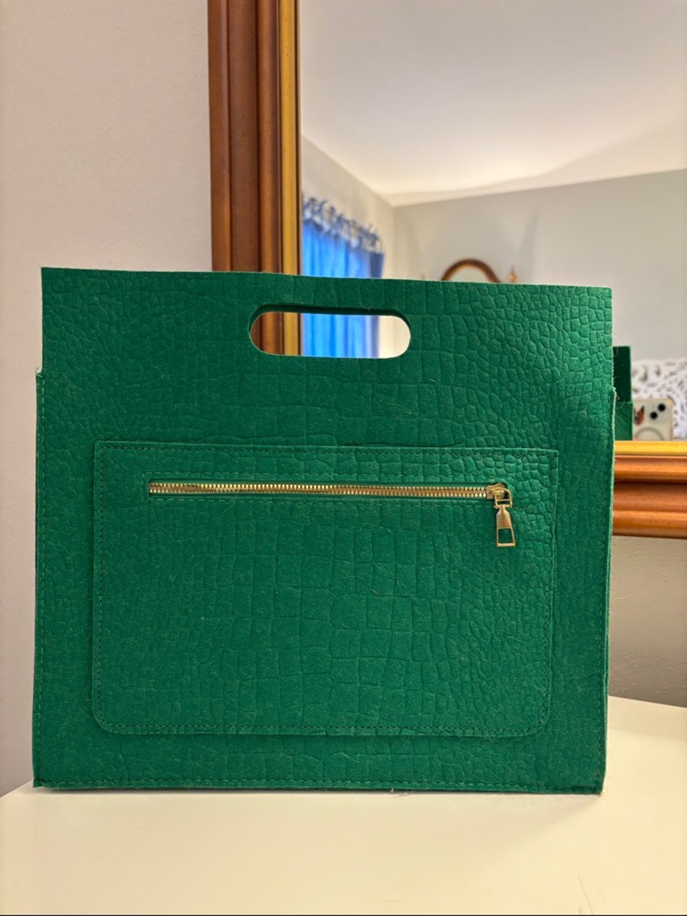 Green Croc-Embossed Felt Tote with Front Zip Pocket